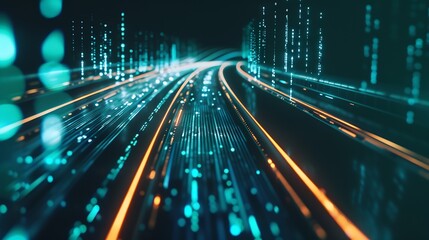 Digital data flow on road in concept of cyber global communication and coding with graphic creating vision of fast speed transfer to show agile digital transformation  disruptive innov : Generative AI