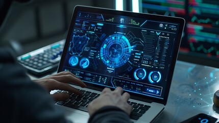AI image creation technology Man use AI software on a laptop to generate images showcasing a futuristic user interface screen with visual prompt Image generated by artificial intellige : Generative AI