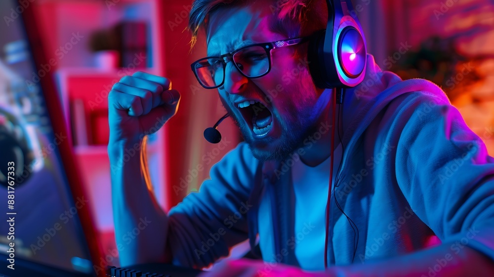 Poster man cursing opponents during online matchup while doing livestream for his internet channel watched 
