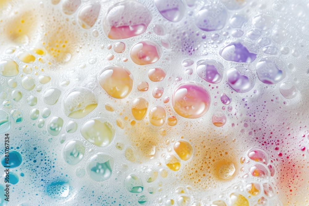 Poster a close-up shot of soap bubbles on a surface, perfect for use in designs and illustrations