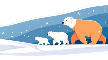 A mother polar bear and two cubs walk across a snowy landscape.