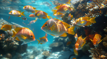 Fototapeta premium Beautiful and colorful tropical fish with coral reef in the deep sea underwater background