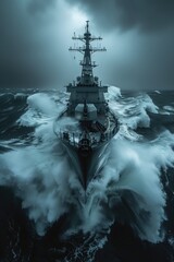 Fototapeta premium Stormy Seas: A warship battling rough, stormy seas while maintaining combat readiness, with waves crashing against the hull and dark, ominous clouds overhead.