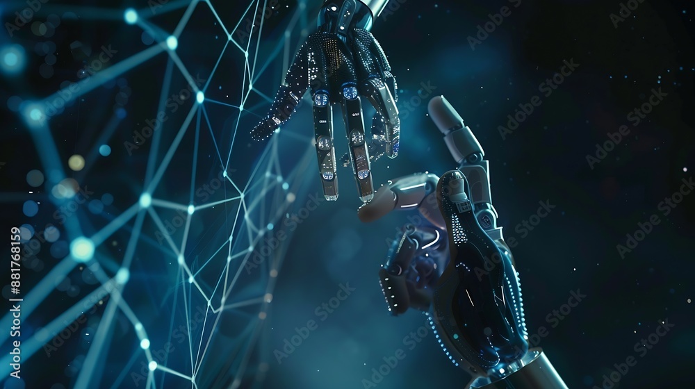 Leinwandbilder Ai technology Machine learning Chatbot Hands of robot and human Data exchange on abstract cube network connection Deep learning Innovative Business and artificial intelligence technolo : Generative AI