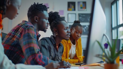 Three young African American graphic designers looking at computer screen at working meeting while one of them drawing sketch : Generative AI