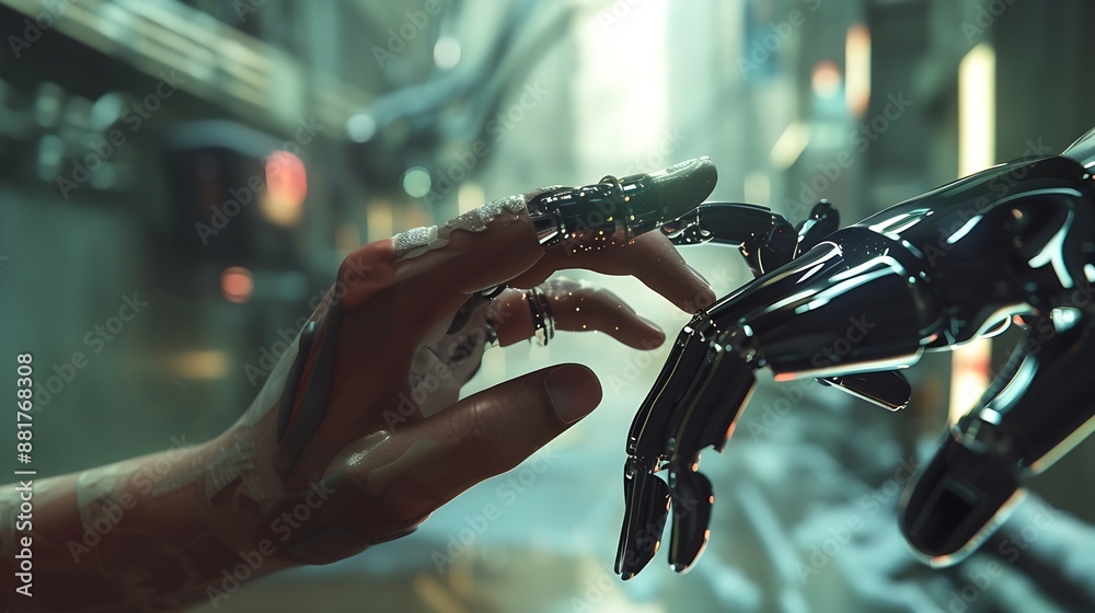 Fototapete Concept of Artificial intelligence AI robot human idea development think futuristic technology transformation science robotic hand connection with human hand and robot technology devel : Generative AI