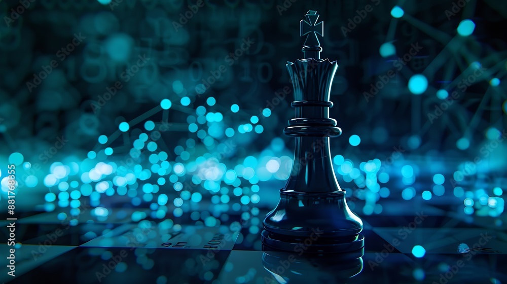 Aufkleber Leader with brain and ideas can make an impact and different on the digital world concept White chess king with blur graphic Binary Data computer Number network on blue dark background : Generative AI