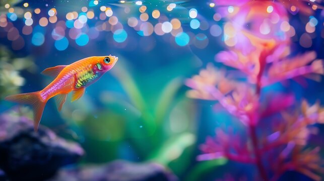 Nice neon glowfish in freshwater tank nature water color painted aquarium : Generative AI