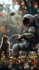 Astronaut resting in the park, accompanied by a cat.