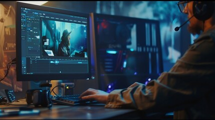 Graphic designer creating professional movie content with filmmaking software in agency office creative digital film Cinematographer editing video footage with lighting and focus video : Generative AI