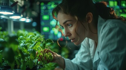 Scientist examining plants in a laboratory with advanced technology, representing research and innovation in botany and biotechnology.