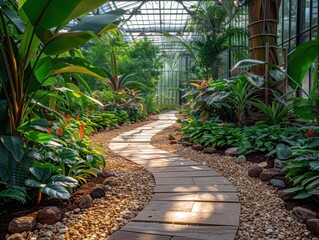 Serene garden path in a lush greenhouse with vibrant plants and soft sunlight streaming through the glass roof.