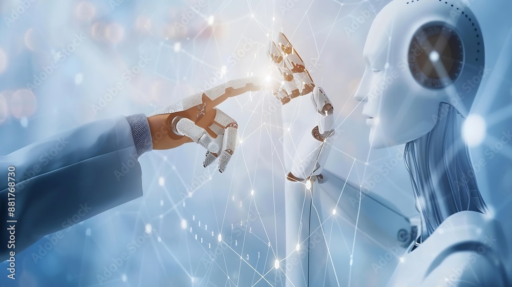 Leinwandbilder ai machine learning hands of robot and human touching on big data network connection background scie