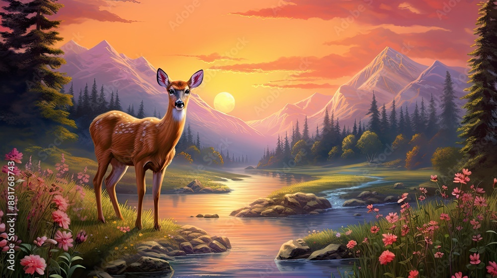 Poster deer in the sunset