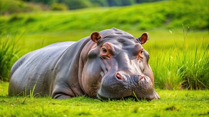 Hippopotamus peacefully resting in lush green grass, wildlife, African, animal, mammal, relaxation, serene, nature