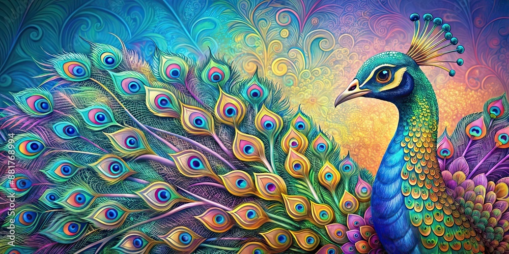 Poster Vibrant boho inspired peacock with intricate feather pattern , colorful, vibrant, bohemian, bird, exotic, plumage, detailed