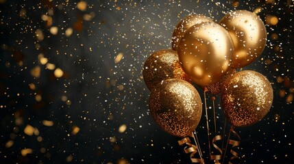 Golden balloons with confetti and ribbons on black background.	
