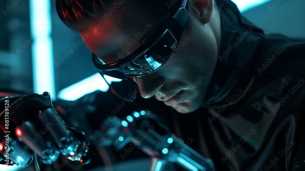 Fototapete Man using tools AI technology smart robot science and artificial intelligence technology and innovation futuristic and global connection for providing access to information and data on : Generative AI