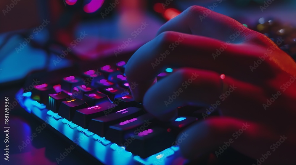 Aufkleber Working on a neon computer keyboard with colored backlighting Selected focus Computer video games hacking technology internet concept Selected focus : Generative AI