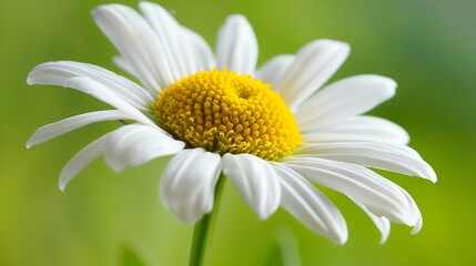 Fototapeta premium Macro shot of a white and yellow daisy showcasing intricate detail against a soft green backdrop : Generative AI