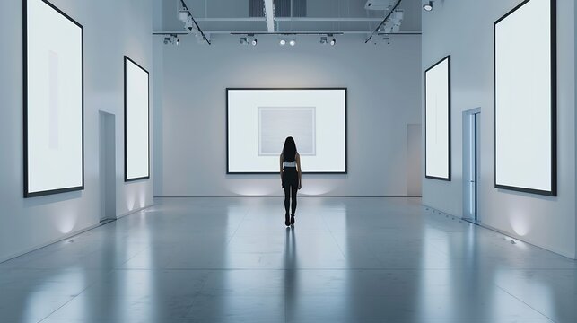 Modern gallery wall mockup Woman walk in museum hall with blank wal with frames White clear stand mock up show Display artwork presentation Art design empty floor Expo studio wall in c : Generative AI