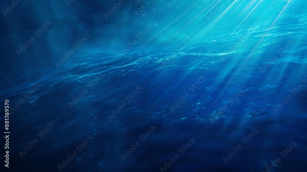 Poster abstract image of tropical underwater dark blue deep ocean wide nature background with rays of sunli