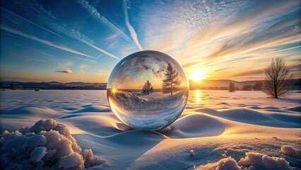 Frozen landscape with large glowing orb in sky, frozen, landscape, winter, snow, cold, icy, scenery, orb, glowing, sky