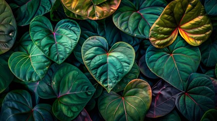 Homalomena Wallisii leafKing of Heartsropical leaves abstract green leaves texture Heart shaped bicolors leaves nature background : Generative AI