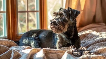 Black dog looking out window while relaxing on blanket