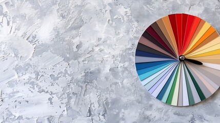 Color guide close up Assortment of colors for design Colors palette fan on a white concrete wall background Graphic designer chooses colors from the color palette guide Coloured swatch : Generative AI