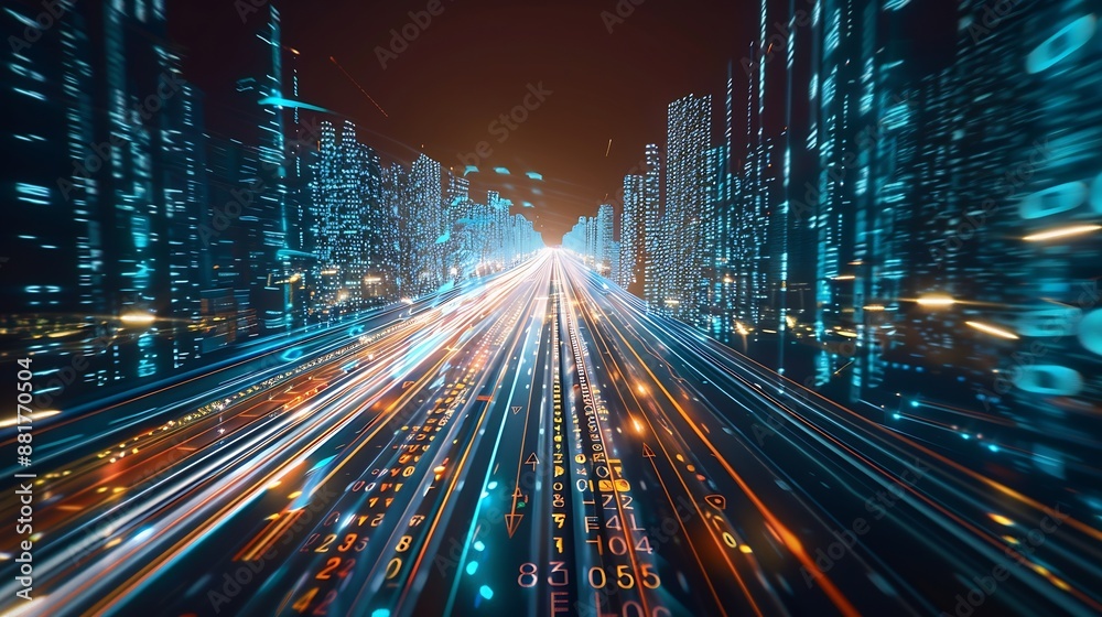 Poster Digital data flow on road with motion blur to create vision of fast speed transfer  Concept of future digital transformation  disruptive innovation and agile business methodology : Generative AI