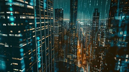 Double exposure of abstract virtual binary code hologram on New York city skyscrapers background Database and programming concept : Generative AI