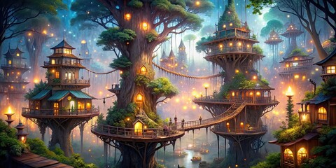 Fototapeta premium Enchanted treetop metropolis with magical treehouses, bridges, and twinkling lights, fantasy, enchanting, whimsical