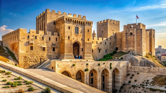 Historic Citadel of Aleppo with ancient stone walls and towers, Aleppo, Syria, ancient, fortress, heritage
