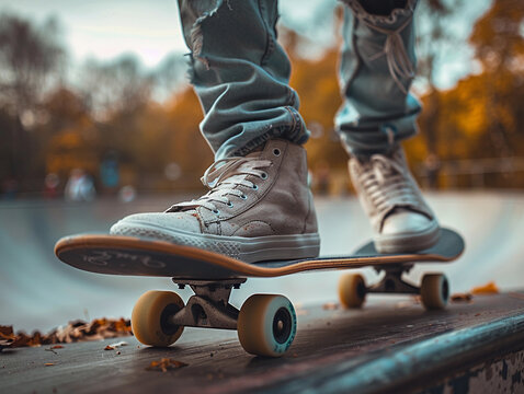 Skater's Foot on a Skateboard at a Park on a Cloudy Day