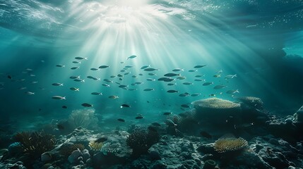 Naklejka premium Underwater landscape with schooling fish and beautiful sunlight From a scuba dive in the Atlantic ocean : Generative AI