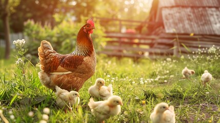Fototapeta premium Mother hen with chickens in a rural yard Chickens in a grass in the village against sun photos Gallus gallus domesticus Poultry organic farmSustainable economyNatural farmingFree range : Generative AI