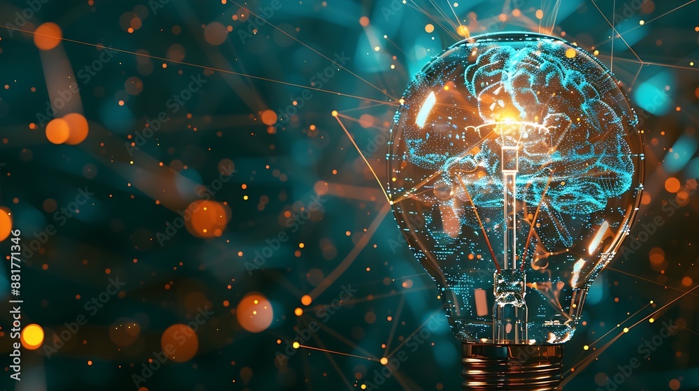 Poster Generate AI technology Machine learning on the big data network Brain data creative in a light bulb to technology smart robot science and artificial intelligence technology innovation  : Generative AI