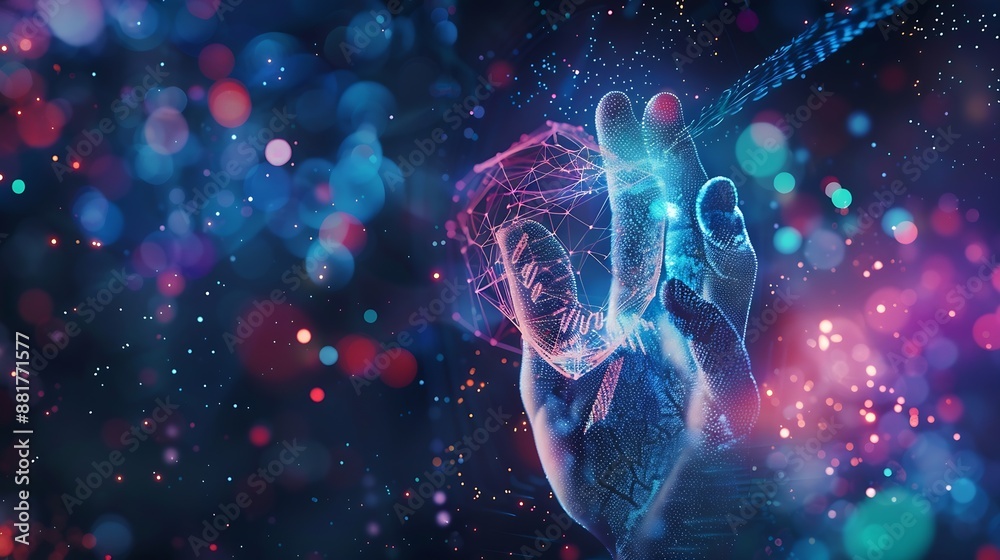 Poster Double exposure of abstract creative fingerprint hologram and hand with cell phone on background research and development concept : Generative AI