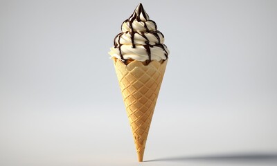 Vanilla ice cream cone with chocolate drizzle on a white background