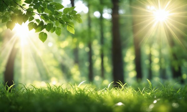 Forest background with green grass and sun rays