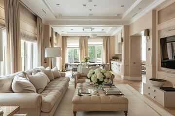 A modern living room with light colors and large windows