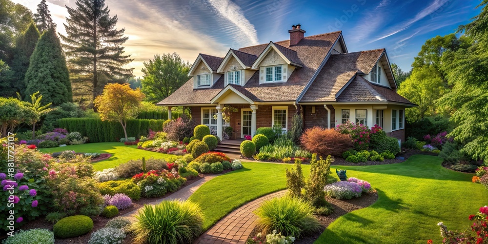 Poster House nestled in lush garden setting, home, nature, architecture, greenery, tranquil, outdoor, foliage, retreat, peaceful