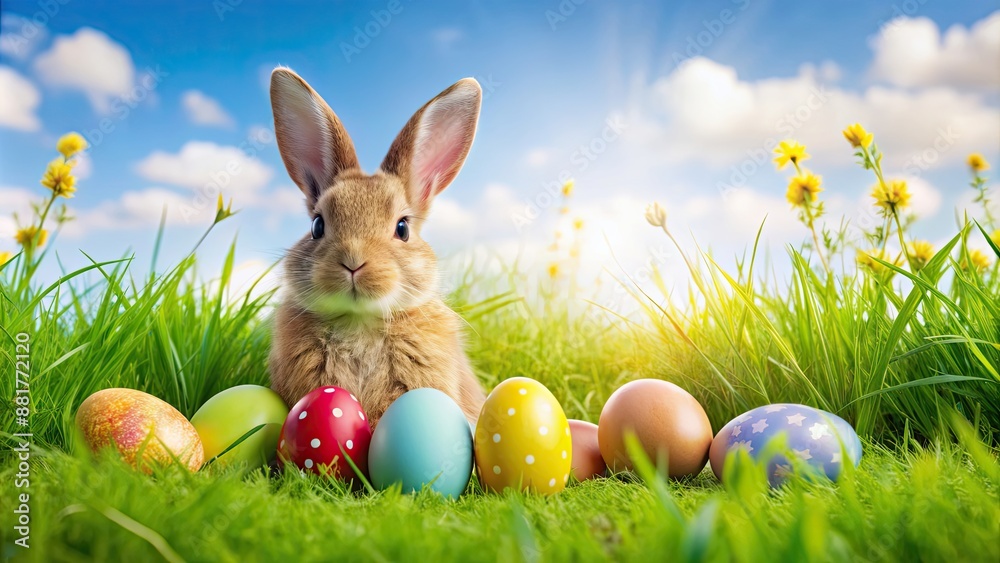 Poster Easter bunny with colorful eggs sitting in a grassy field, Easter, bunny, eggs, grass, spring, holiday, tradition, cute