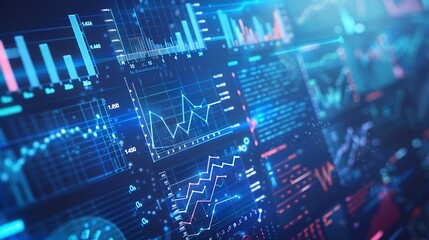 Digital interface with various graphs and data visualizations Background shows binary code and abstract patterns indicating hightech environment : Generative AI