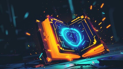 An ancient spellbook with glowing digital runes, floating in a dark room with a holographic pentagram, neon blue and purple light, fantasy style, intricate details