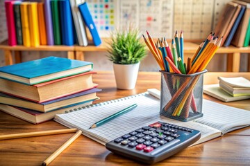 A clutter-free desktop with textbooks, pencils, and a calculator surrounded by scribbled notes and solved math problems, conveying a lively tutoring atmosphere.