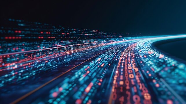 Digital data flow on road in concept of cyber global communication and coding with graphic creating vision of fast speed transfer to show agile digital transformation  disruptive innov : Generative AI - Powered by Adobe