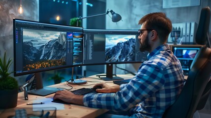 Creative office worker sitting at computer and creating digital art in agency studio using multiple monitors and cad software Professional graphic designer working on develoment projec : Generative AI