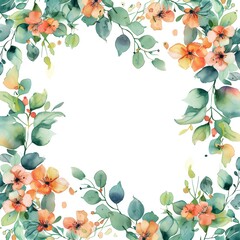 Fototapeta premium leaf frame card and watercolor flowers in green, red, orange, brown, pink with Autumn Hewes. Sweet pastel colors